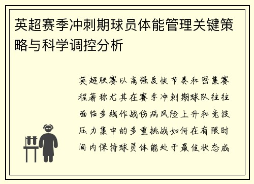 英超赛季冲刺期球员体能管理关键策略与科学调控分析